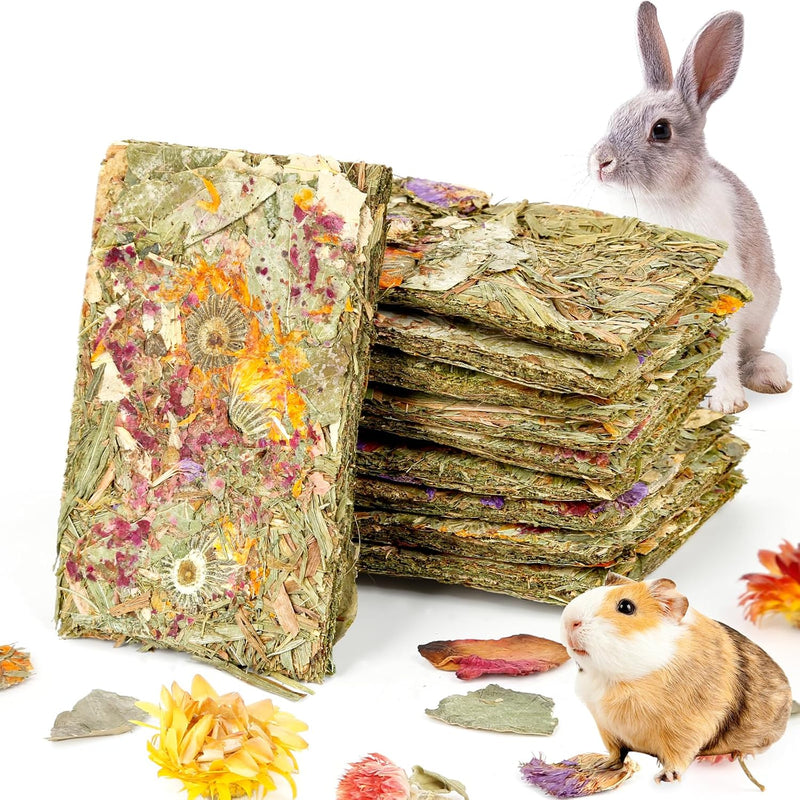 Abizoo Rabbit Natural Treats,10Pcs Timothy Hay Toys Chips Bunny chew Toys with Herbal Flowers Guinea Pig Treats for Hams