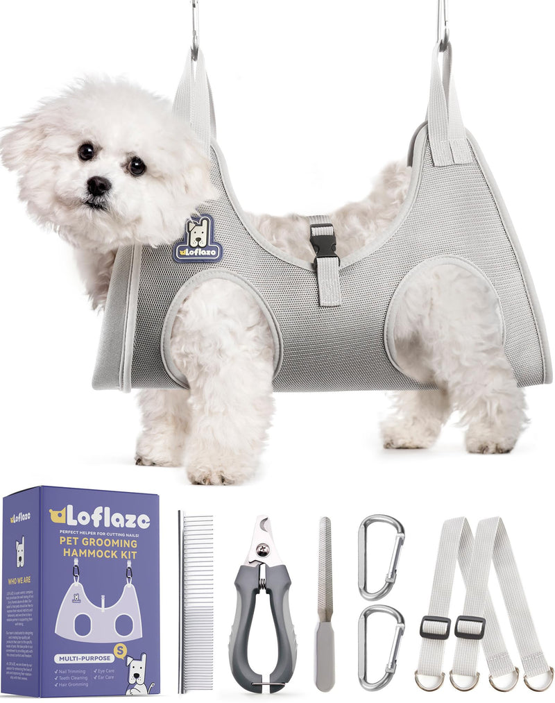 Loflaze Dog Grooming Hammock Harness for Dogs & Cats with Pet Nail Clipper Trimmer - Cat Hanger Sling for Trimming Clipping Nails- Dog Hammock Restraint Bag for Small Medium Large pet ( Grey S )
