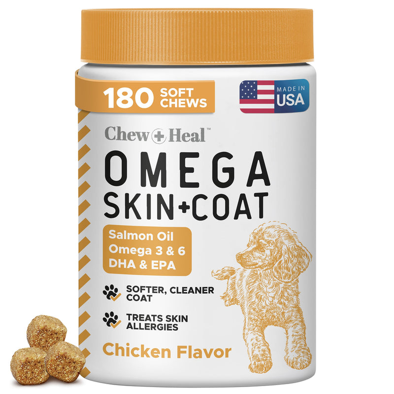 Omega 3 Fish Oil for Dogs - 180 Soft Chews - Itch Relief, Shedding & Hot Spots - Dog Allergy Relief - Salmon Oil Skin & Coat Supplement - EPA DHA - Chicken Flavor - Made in USA | Chew + Heal