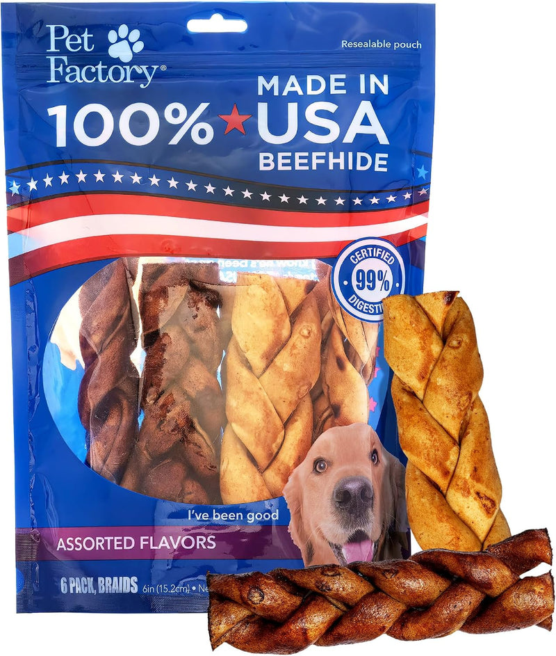 Pet Factory 100% USA Made Natural Beefhide Dog Chew Sticks - 6in Braided Dog Rawhide Bones with Beef & Chicken Flavors f