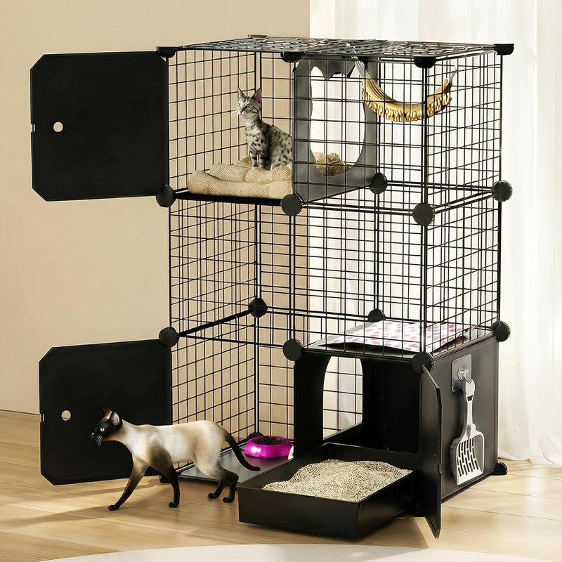 PAWING Cat Enclosure Indoor with Litter Box, 3-Tier Metal Wire Cat Cage, DIY Detachable Design for Cats, Kittens & Small