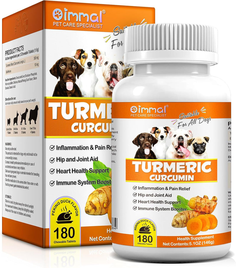 Turmeric for Dogs, 180 Turmeric Curcumin Tablets Supports Heart, Immune System Booster, Hip & Joint Support, Dog Pain Re