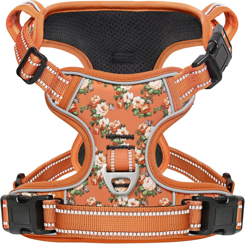 Timos Dog Harness, No Pull Large Sized with 3 Buckles, Flower Orange, L