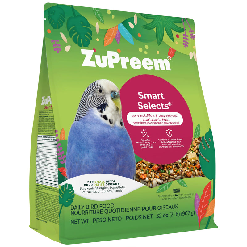 ZuPreem Smart Selects Daily Bird Food for Parakeet, Budgie, Parrotlet, Dove, Bird Pellets and Seed Blend, Core Nutrition for Small Birds, Made in USA, Parakeet Food, Budgie Food (S, 2 lb)