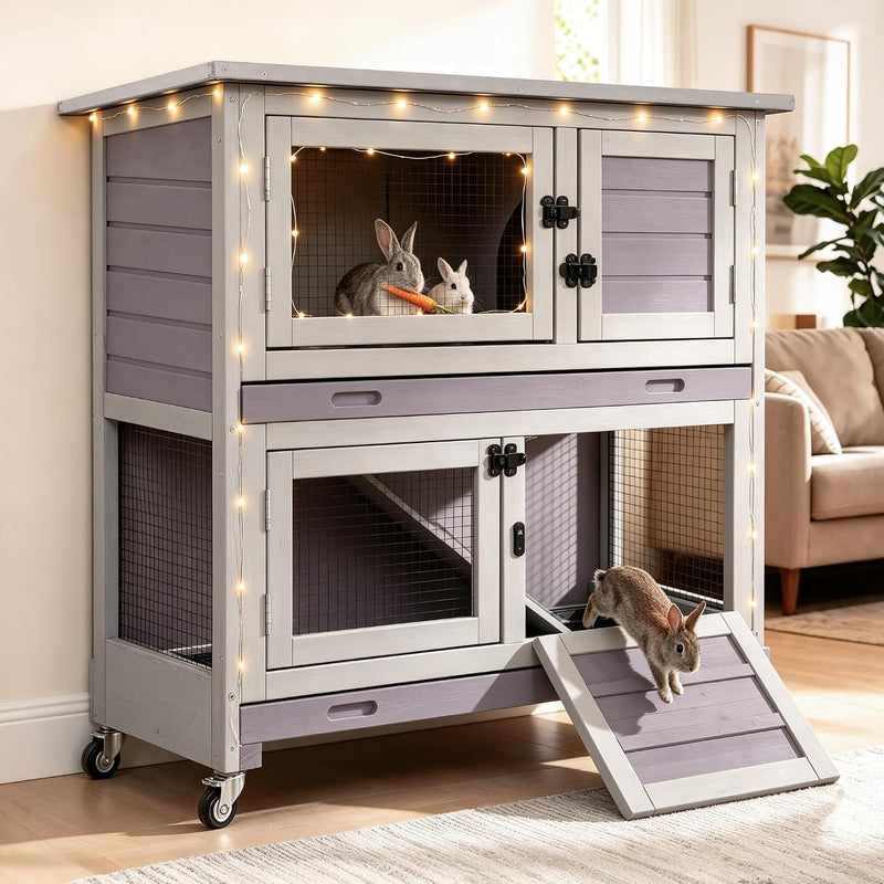 Suumerpety 2-Story Wooden Rabbit Hutch with Chew-Proof Ramp, Dual Leak-Proof Pull-Out Trays & 4 Lockable Wheels, Indoor
