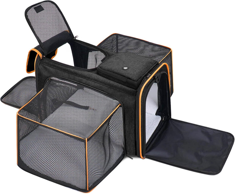 Pet Carrier, Large Soft Sided Expandable Travel Carrier with Steel Frame, Anti-Scratch Mesh, Removable Fleece Pad and Po