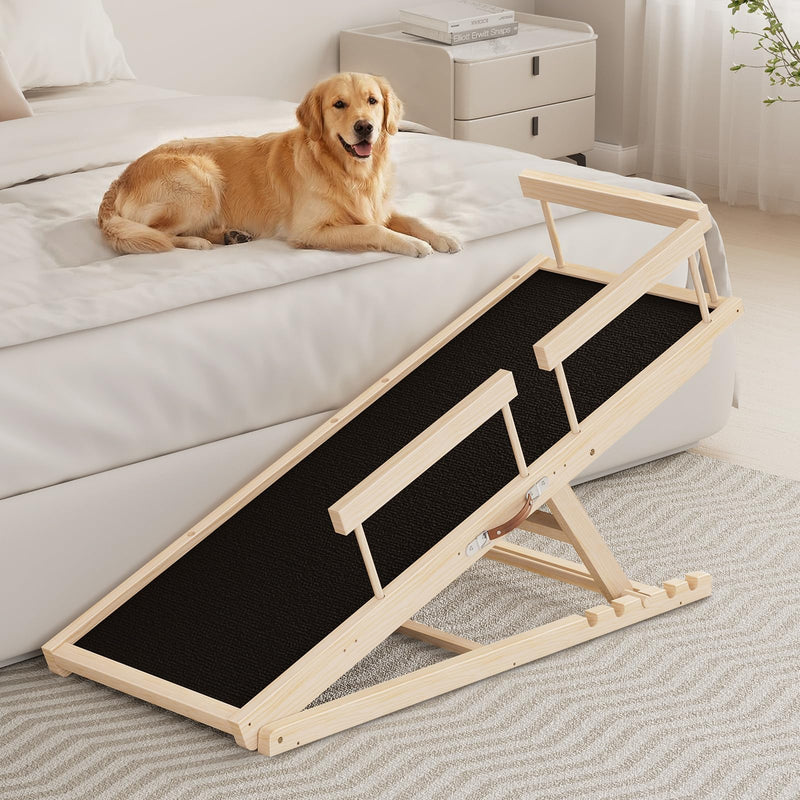 Tresbro Dog Ramp for High Bed, 55.11'' Long 19.3''-27.17'' Adjustable Height Pet Ramp with Anti-Slip Mat & Side Rails, Wooden Portable Ramp for Small to Large Dogs to Get on Bed, Couch, Up to 200LBS