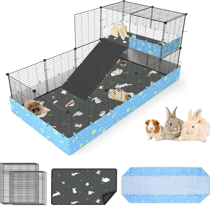 Guinea Pig Cages with Tarp and Bedding Pee Pad Liner, 2-Story Large Guinea Pig Playpen C&C Loft Cage for 2 Rabbit Bunny