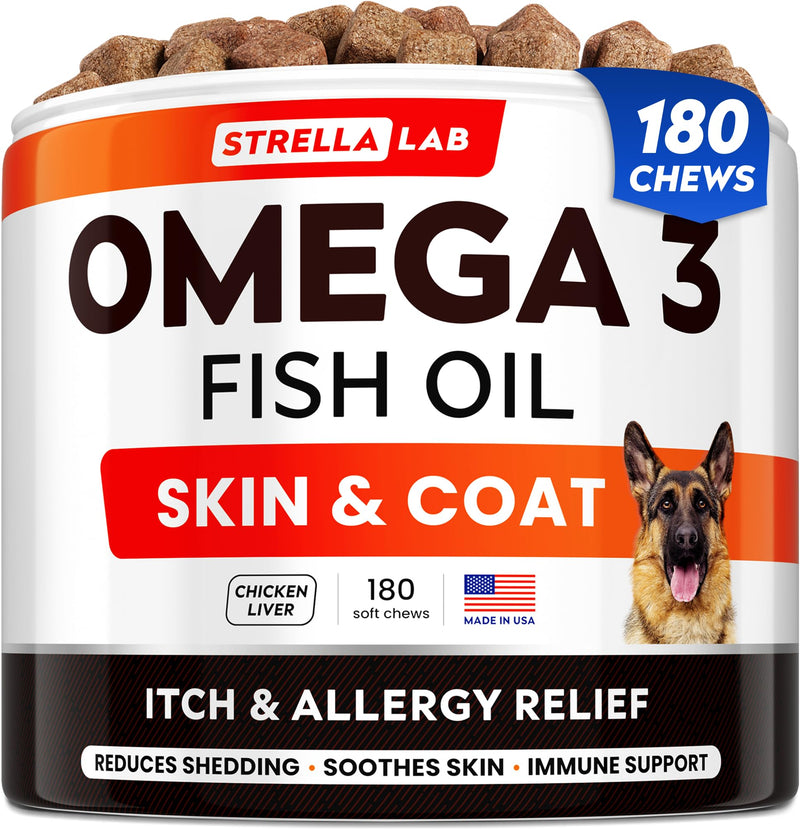StrellaLab Fish Oil Omega 3 Treats for Dogs (180 Treats) - Allergy & Itch Relief - Skin & Coat Supplement - Joint Health - Wild Alaskan Salmon Oil - Shedding, Itchy Skin Relief - Omega 3 6 9 - EPA&DHA