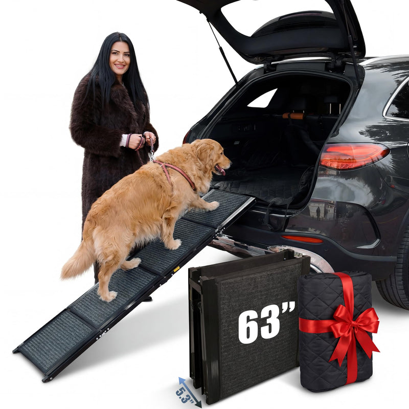 Dog Ramp for Car Travel Bundle – 63” Foldable Non-Slip Dog Ramp + Waterproof Back Seat Cover + 15 Poop Bags – Complete Pet Travel Set for SUV, Truck & Car – Safe Access, Clean Seats, Easy Trips