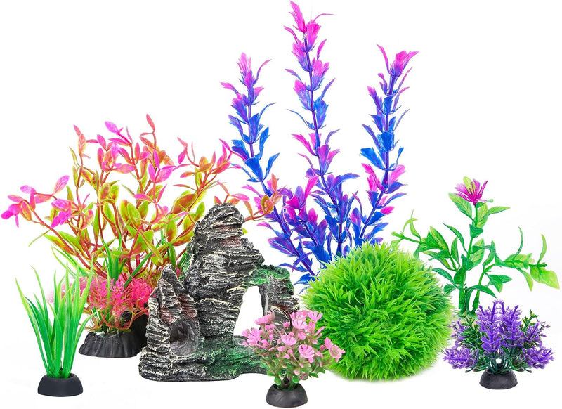 Ameliade Aquarium Artificial Plants & Rock Cave Betta Fish Tank Decor Set