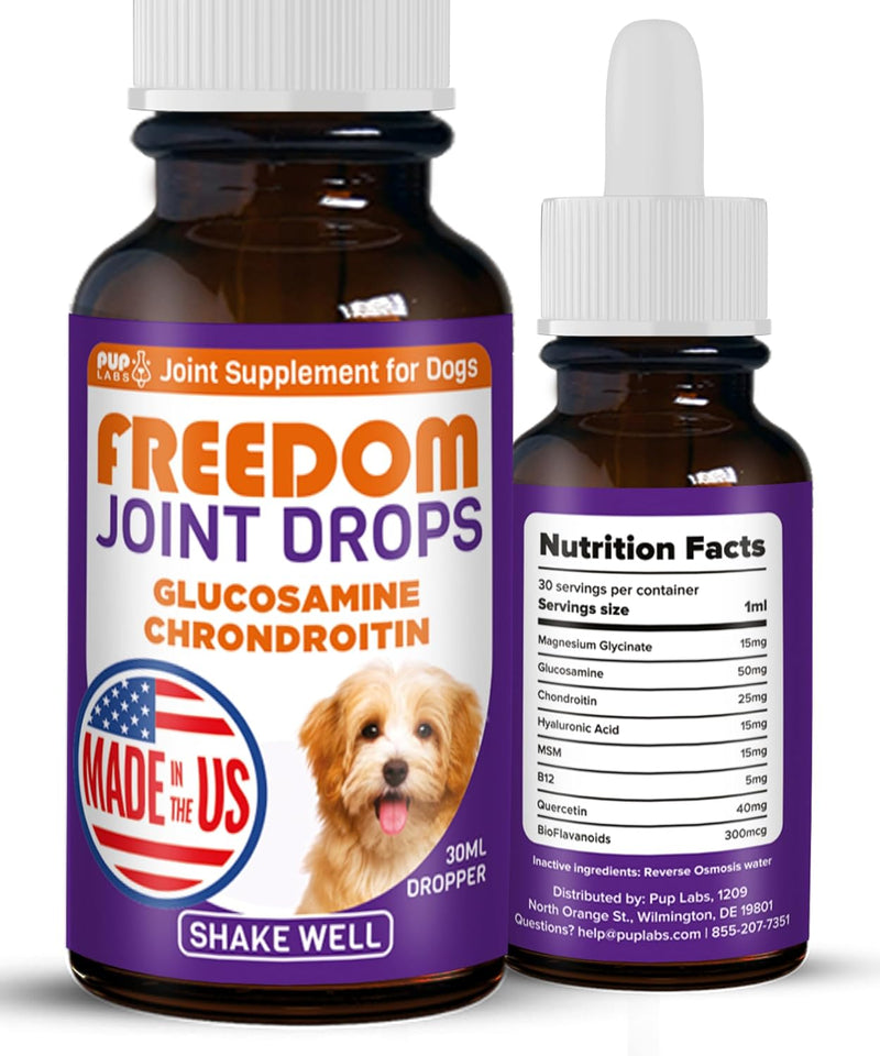 Freedom Joint Drops for Dogs with Hyaluronic Acid, MSM, Glucosamine, & Chondroitin, All Natural Liquid Joint Supplement