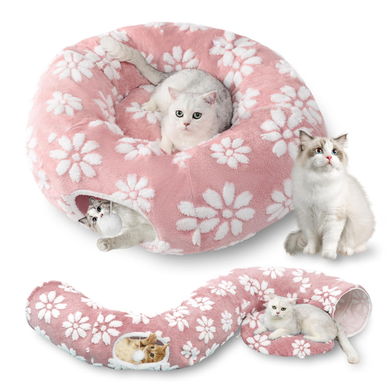 Yaning Cat Tunnel for Indoor Cats, Cute Peekaboo Cat Cave with Dangling Balls, Pet Donut Tunnel Bed with Circle Mat for Puppy Kitten Rabbit, Pink