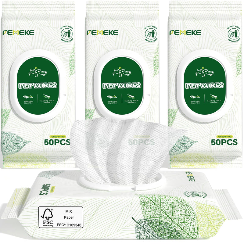 FEMEKE Unscented Dog Wipes & Cat Wipes (4x50 Packs) | Hypoallergenic, pH Balanced for Paws, Body, Eyes & Ears Grooming |All-Natural Plant Fiber Wipes with Aloe & Vitamin E | Pearl Texture