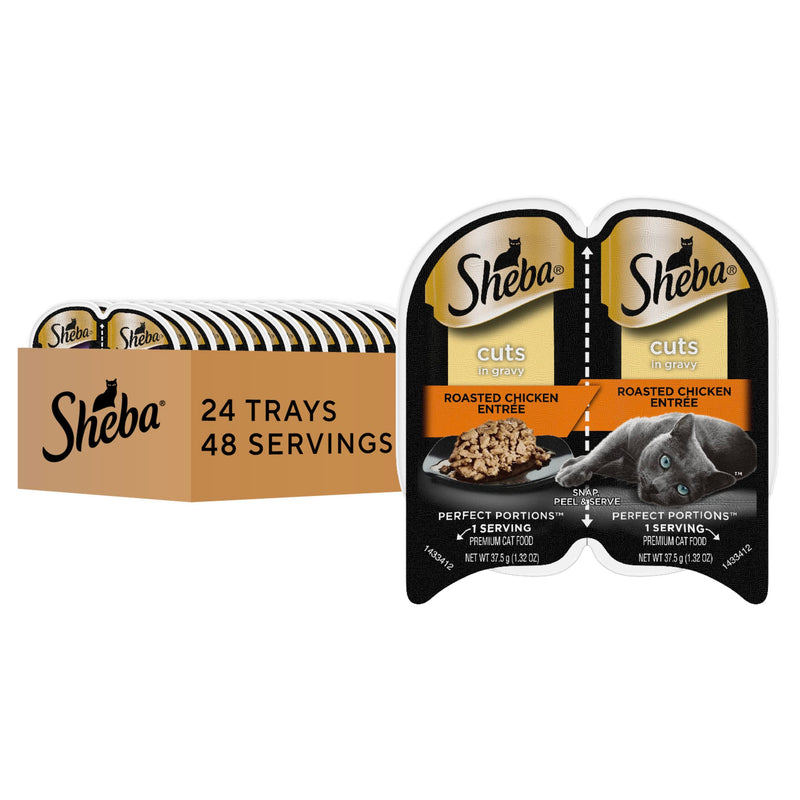 Sheba Perfect Portions Wet Cat Food Cuts in Gravy, Cat Food Wet Recipe, Roasted Chicken Entree, 2.6 oz. Twin-Pack Trays (24 Count, 48 Servings)