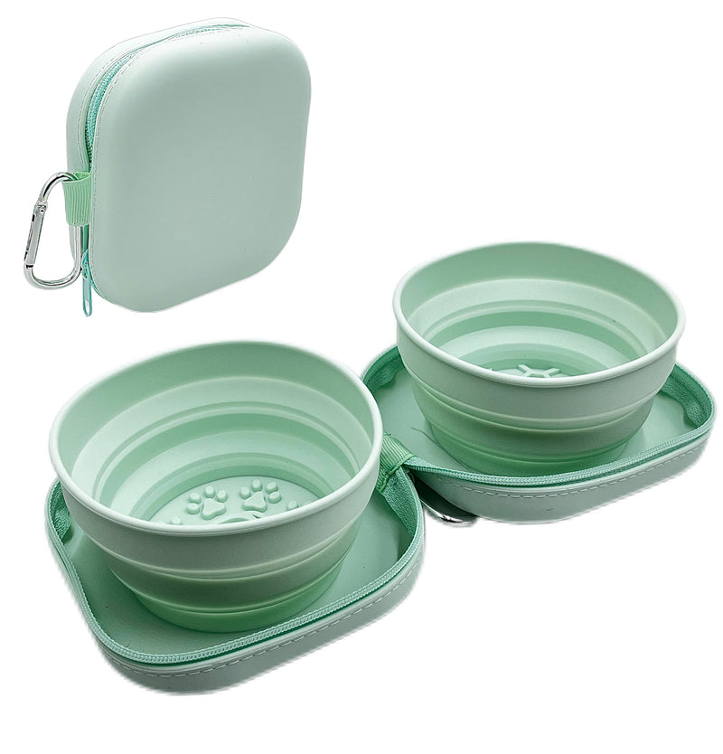 ZBBOPQ Portable Dog Bowl, Collapsible 2-in-1 Travel Dog Bowls with Carabiner Clip, Silicone Double Pet Food and Water Dish for Outdoor Camping and Hiking (Green)