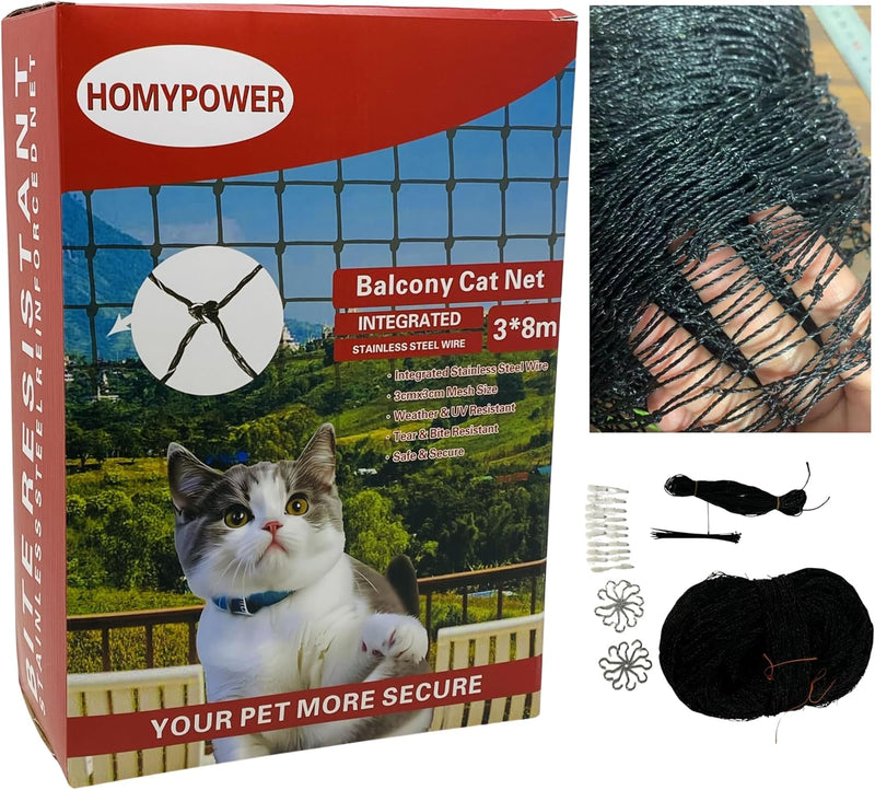 Cat Netting Balcony,10x26 ft Stainless Steel Reinforced Bite Tear UV and Weather-Resistant Anti-Fall Netting for Pets, S