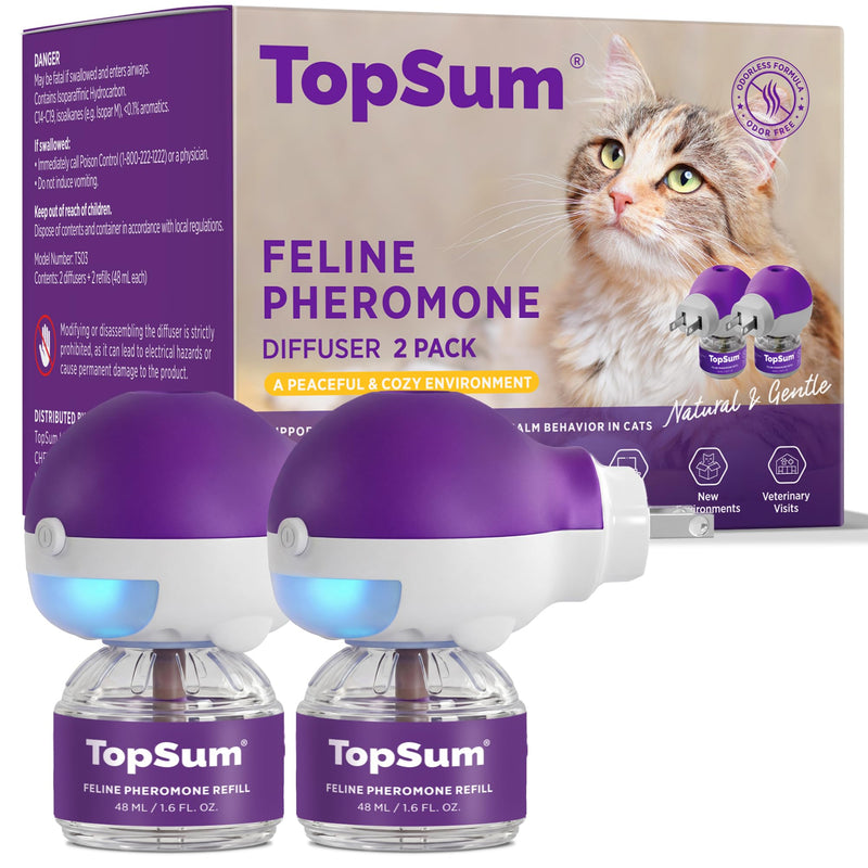 TopSum Cat Calming Pheromone Diffuser: Feline Pheromones Plug in for Stress, Alone At Home, Spraying, Fighting, Scratching, Aggression & Excessive Meowing (Purple– 2 Diffusers+2 Refills)