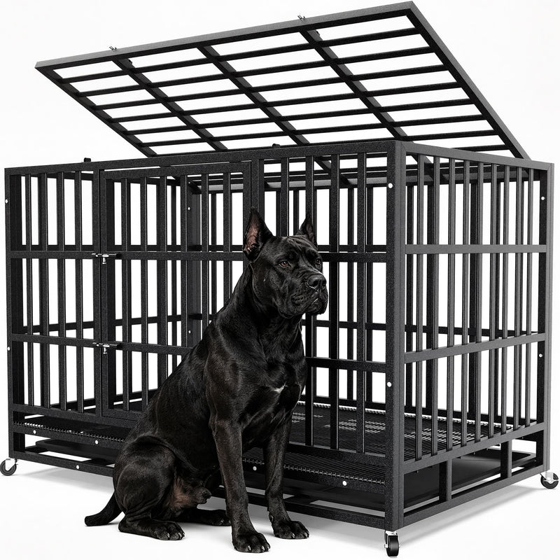 Hiwokk 48 Inch Heavy Duty Dog Crate, Indestructible Escape-Proof Dog Kennel for High Anxiety Large Dogs, Strong Metal Pet Cage with Double Doors, Lockable Wheels & Removable Tray, XL XXL XXXL