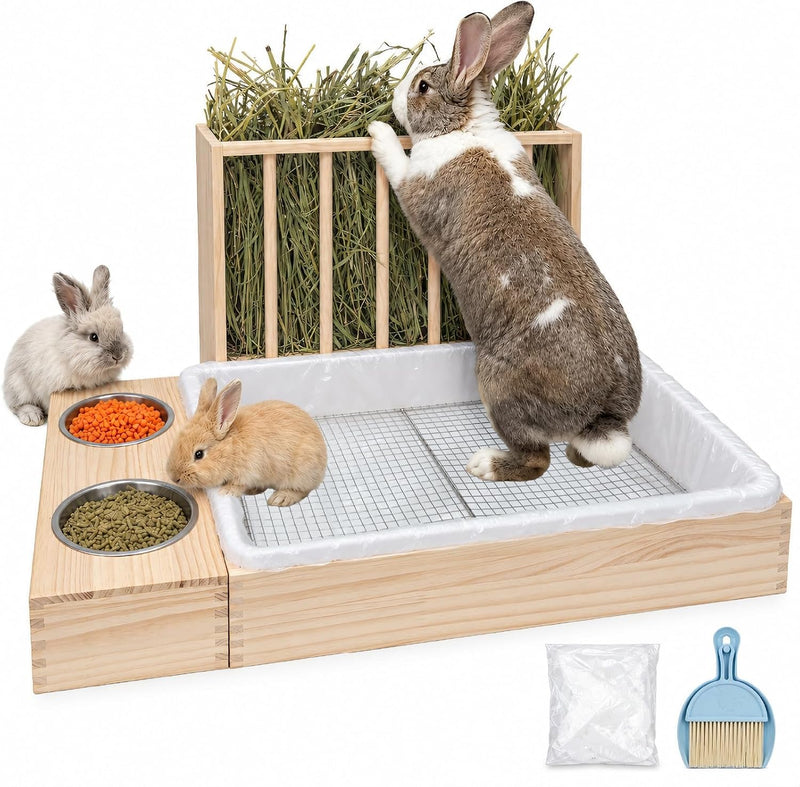 BESNEW Extra Large 3 in 1 Rabbit Hay Feeder with Litter Box,Upgraded Wooden Hay Feeder Set for Flemish Giant Angora Lop