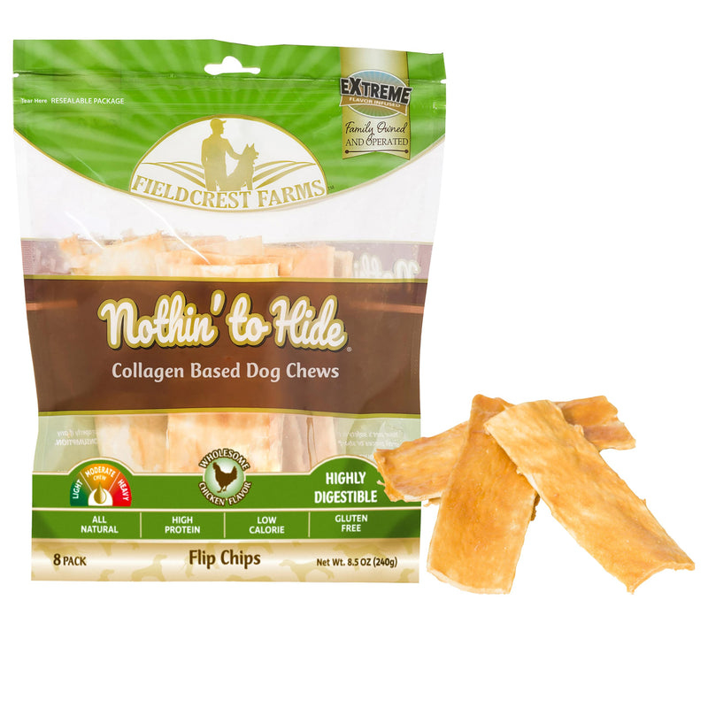 Fieldcrest Farms Nothin to Hide Flip Chips Dog Chews - Natural Rawhide Alternative Treats for Dogs, Collagen Based Snack for Moderate Chewers Up to 35lbs, Chicken Flavor