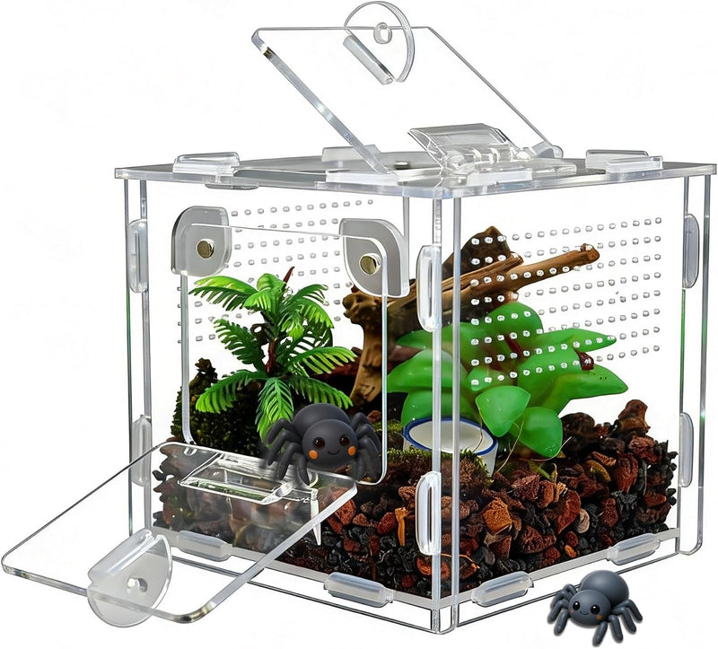 Jumping Spider Enclosure, Small Reptile Terrarium for Tarantula Hermit Crab Praying Mantis, Acrylic Insect Habitat with