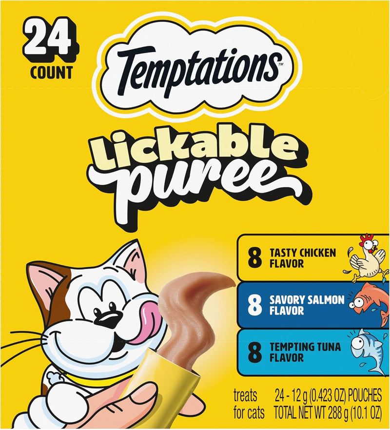 Temptations Lickable Cat Treats, Creamy Puree Squeezable, Wet Cat Treats with Chicken, Salmon, and Tuna Variety Pack, 0.42 oz. Tubes, 24 Count
