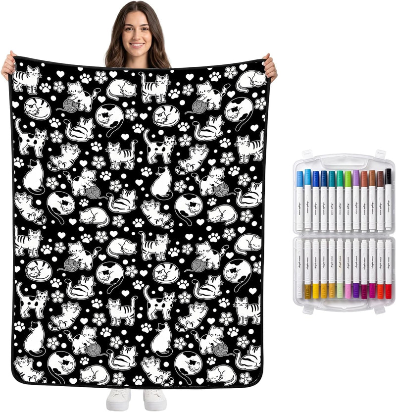 Cat Coloring Blanket for Women Men, DIY Blanket with Markers