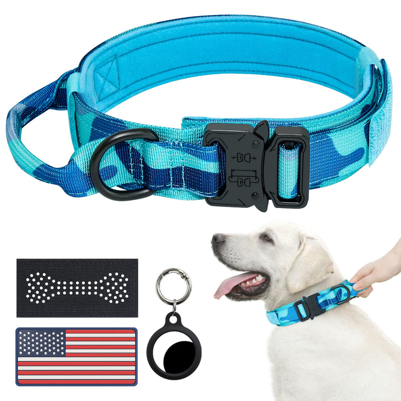 Hotsky Tactical Dog Collar, Adjustable Military Training Nylon Airtag Collar with Handle and Heavy Duty Metal Buckle for Medium Large Dogs, with Airtag Holder and Two Patches (Blue Camo,M)
