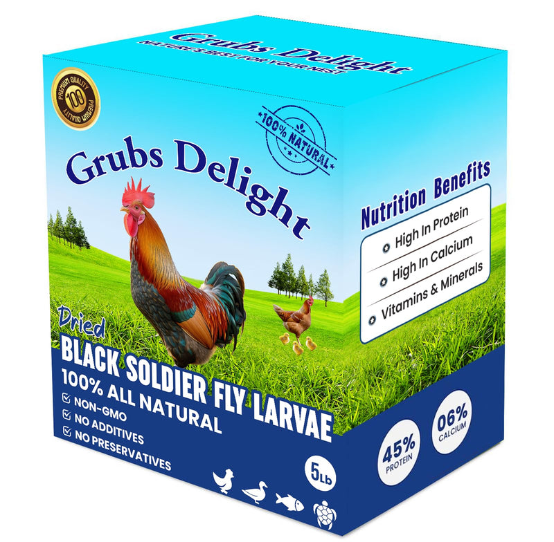 Grubs Delight 5LB Dried Black Soldier Fly Larvae for Chickens – 85x More Calcium Than Mealworms, for Chickens and Birds, 100% Natural Non-GMO Chicken Worms Treats, High Protein & Calcium Poultry Feed