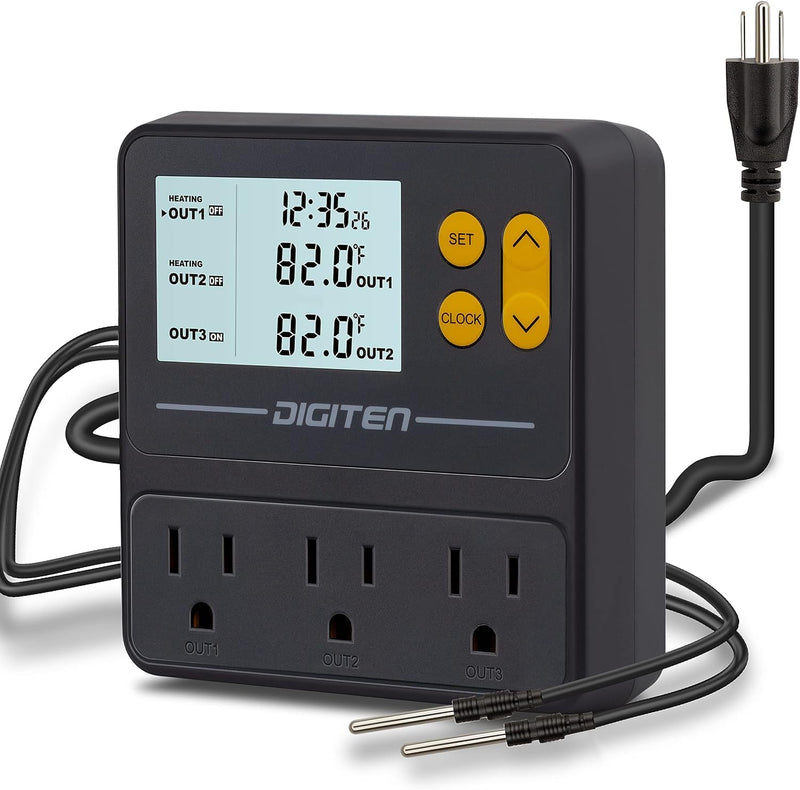 Reptile Temperature Controller, 3 Outlet Timer Thermostat for Grow Tent, Incubation, Snakes, Fish Tank, Heater, humidifi