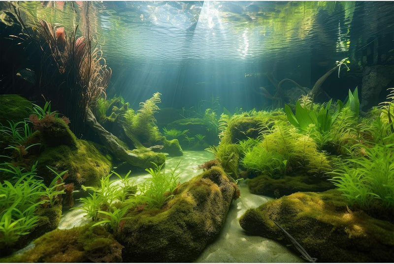 Underwater Aquarium Background Underwater Aquatic Plants with Sunbeams Fish Tank Background Rock with Lush Moss Terrariu