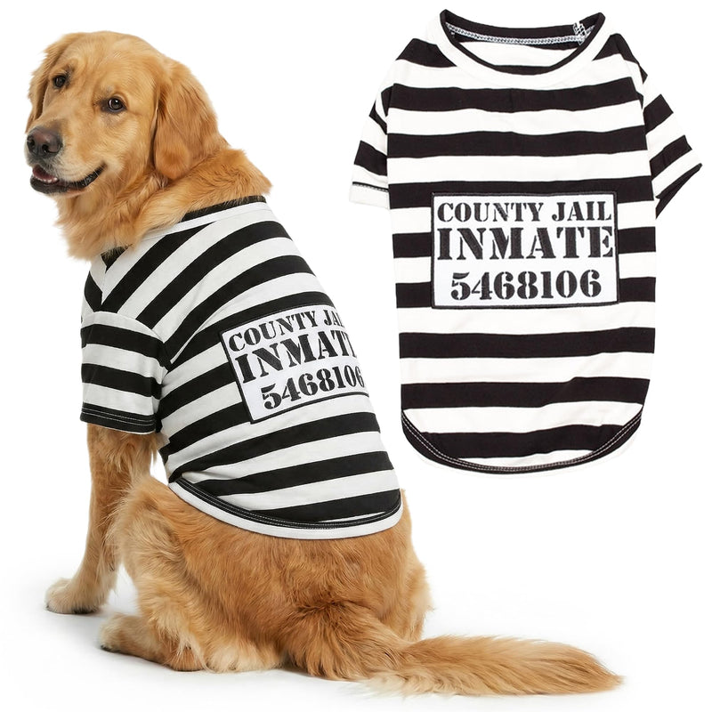 Parisian Pet Prisoner Dog Costume - 100% Cotton Striped Dog Clothes for Large Dogs - Lightweight Puppy Outfits - Funny French Bulldog Clothes - Sleeved Shirt for Dogs - Stretchy Pet Costume