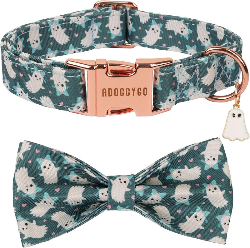 ADOGGYGO Halloween Dog Collar Girl, Bow Ghost Dog Bow Tie Collar, M