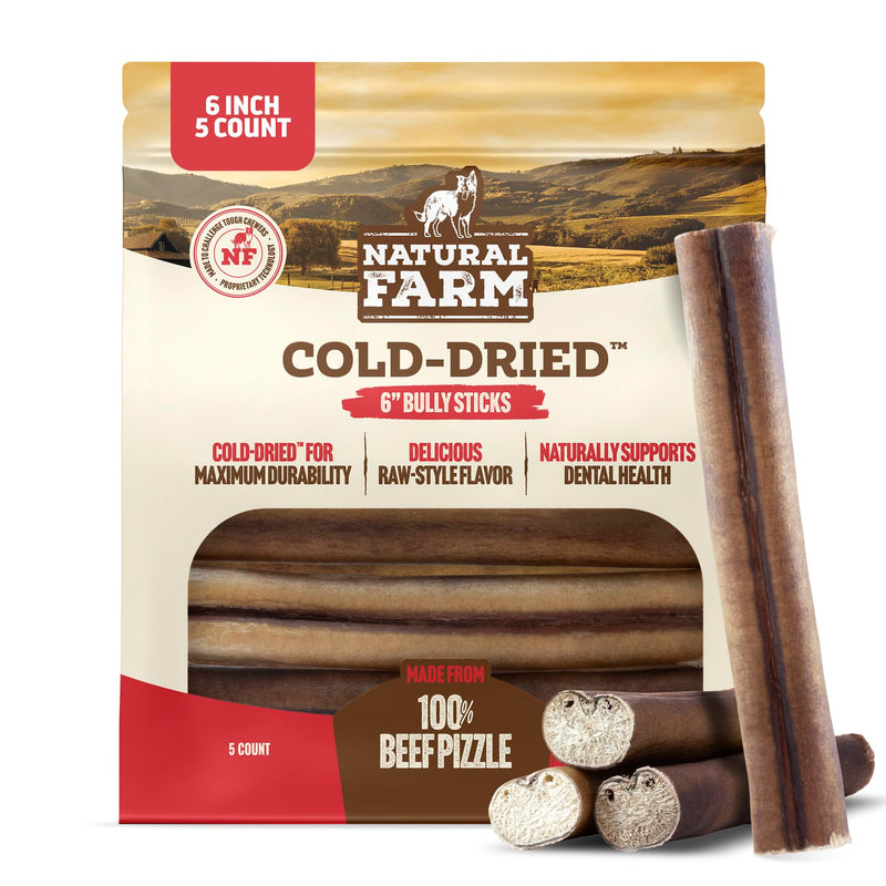 Natural Farm Cold-Dried™ Bully Sticks 6 Inch (5 Count) – Odor Free, High Protein Dog Chews – 100% Beef Pizzle, Single Ingredient.