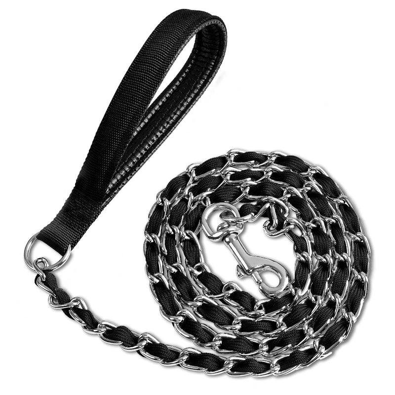 LUFFWELL Heavy Duty Metal Dog Chain Leash with Comfortable PU Leather Padded Handle, Chew Proof for Medium Large Pooch Walking Training (6FT 3.5mm Black)