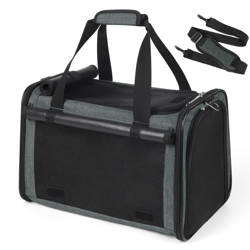 YUDODO 25lbs Cat Carrier Lightproof Soft Sided Pet Carrier for Large Cat & Small Dog Airline Approved Travel Puppy Carriers with Side Pockets & Reflective Mesh Foldable Portable for Outdoor Grey Green