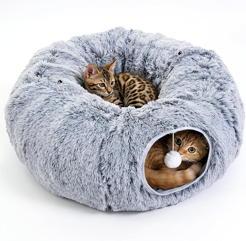Cat Tunnel Bed for Indoor Cats, Plush Hideaway with Reinforced Frame