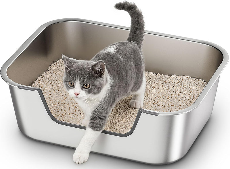 Qiuma Stainless Steel Cat Litter Box with Low Entry, Metal Kitty Litter Box for Senior or Injured Cats, Odor-Free, Non-Stick, Easy to Clean, 17.5