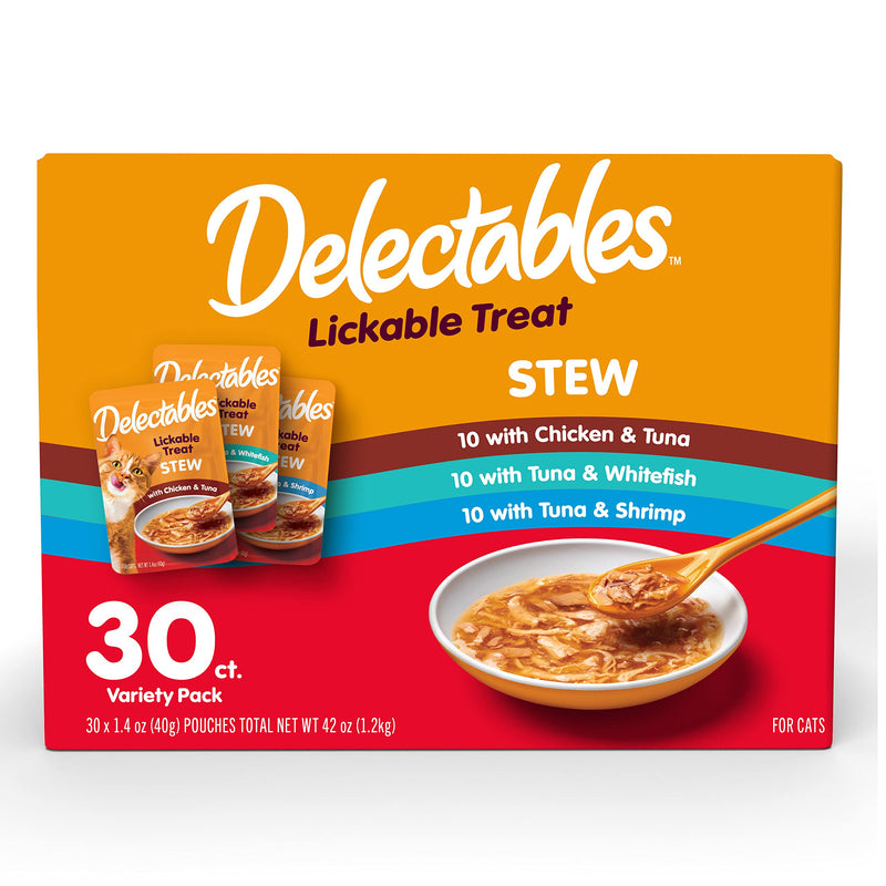 Delectables Lickable Treat Stew Wet Cat Treat Variety Pack, Food Topper, Hydrating, Grain-Free, No Fillers, No By-Products, No Added Preservatives, 1.4oz Pouch, 30ct