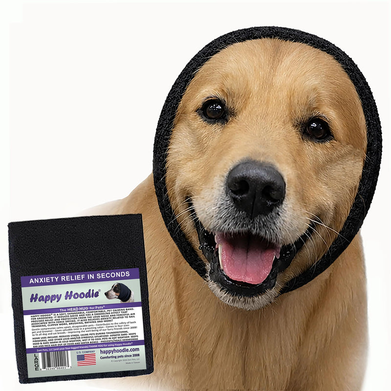 Happy Hoodie The Original Dog & Cat Calming Band - American Brand - Anxiety Relief/Noise Protection - Grooming - Thunder - Fireworks (Large, Black) - Since 2008
