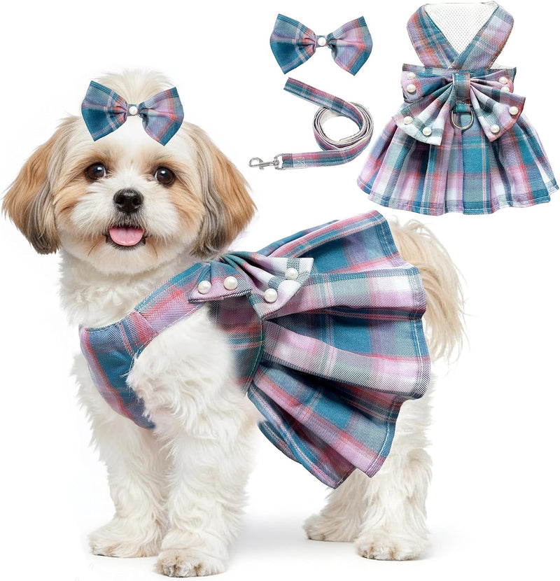 Dog Dress Bowknot Harness Leash Set for Small Dogs Girl Cute Plaid Dog Dress Pearls Bow Tie Spring Summer Princess Cloth