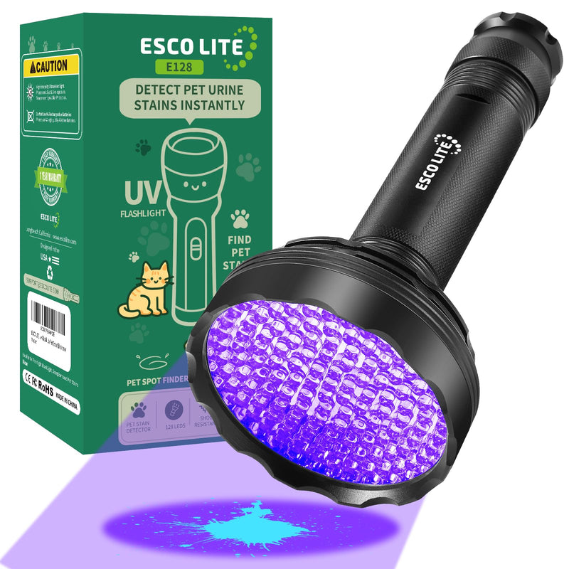 ESCO LITE Blacklight Flashlight 128 LED UV Flashlight, Upgraded Bright 395nm Handheld Ultraviolet Light for Pet Urine Detection, Scorpion Hunting