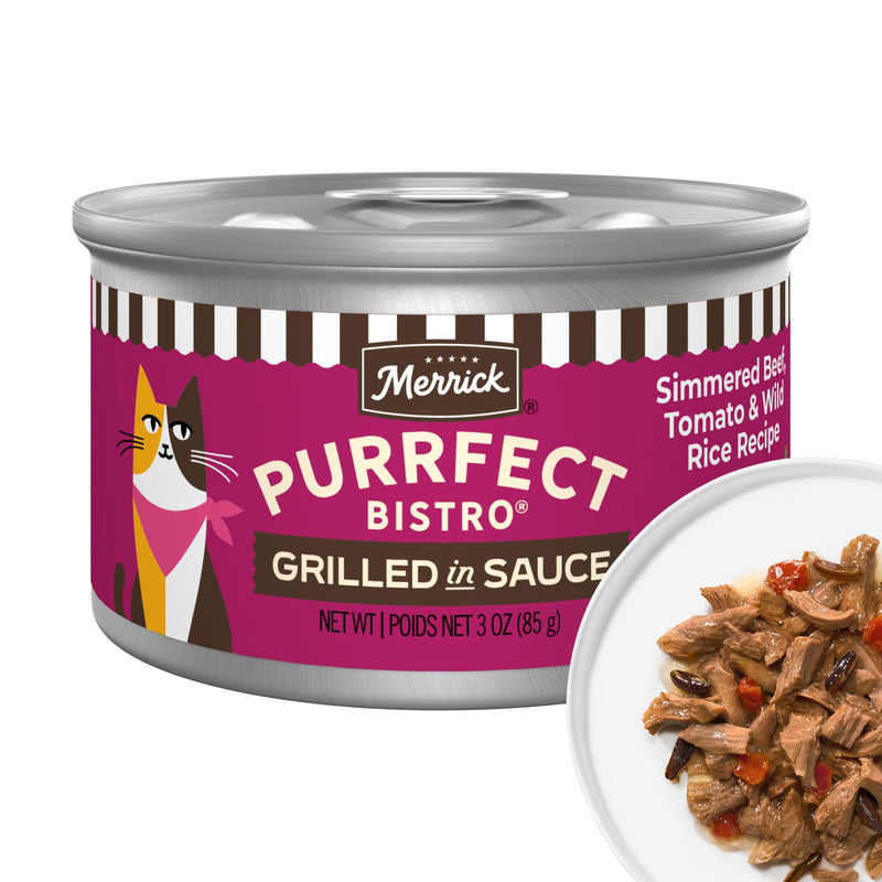 Merrick Purrfect Bistro Simmered Beef, Tomato and Wild Rice Recipe Grilled Natural Wet Cat Food in Gravy, Delicious Premium High Protein Cat Food - (Pack of 24) 3 oz. Cans