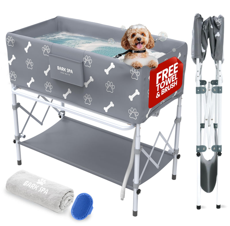 Bark Spa Dog Bath Tub - Free Brush & Towel – Foldable & Portable Dog Washing Station – Lightweight Elevated Design for Indoor & Outdoor Grooming