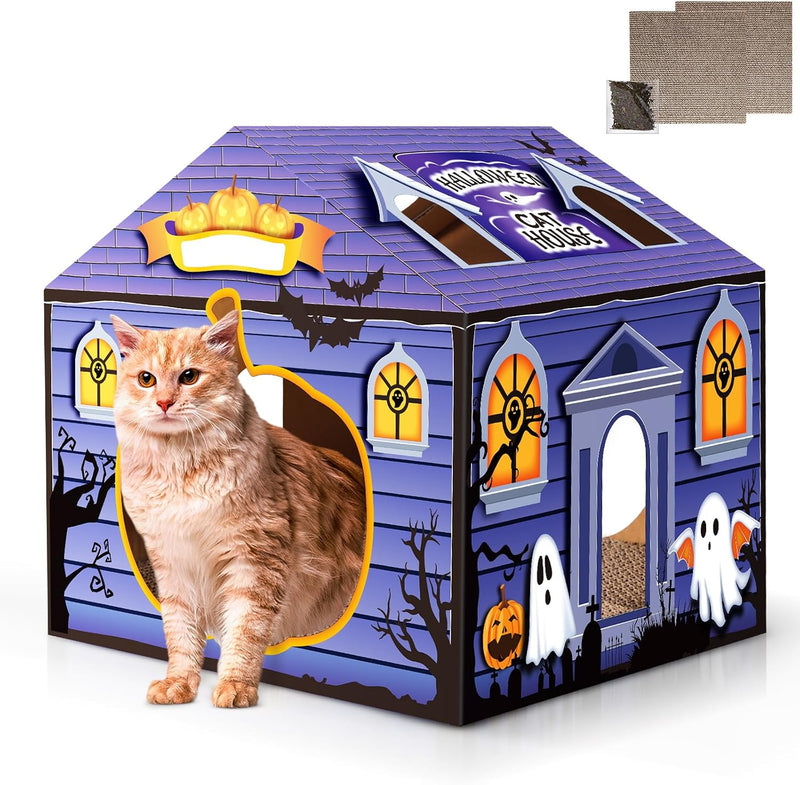 Tailtastic Halloween Cat Cardboard House with Pads & Catnip for Indoor Cats