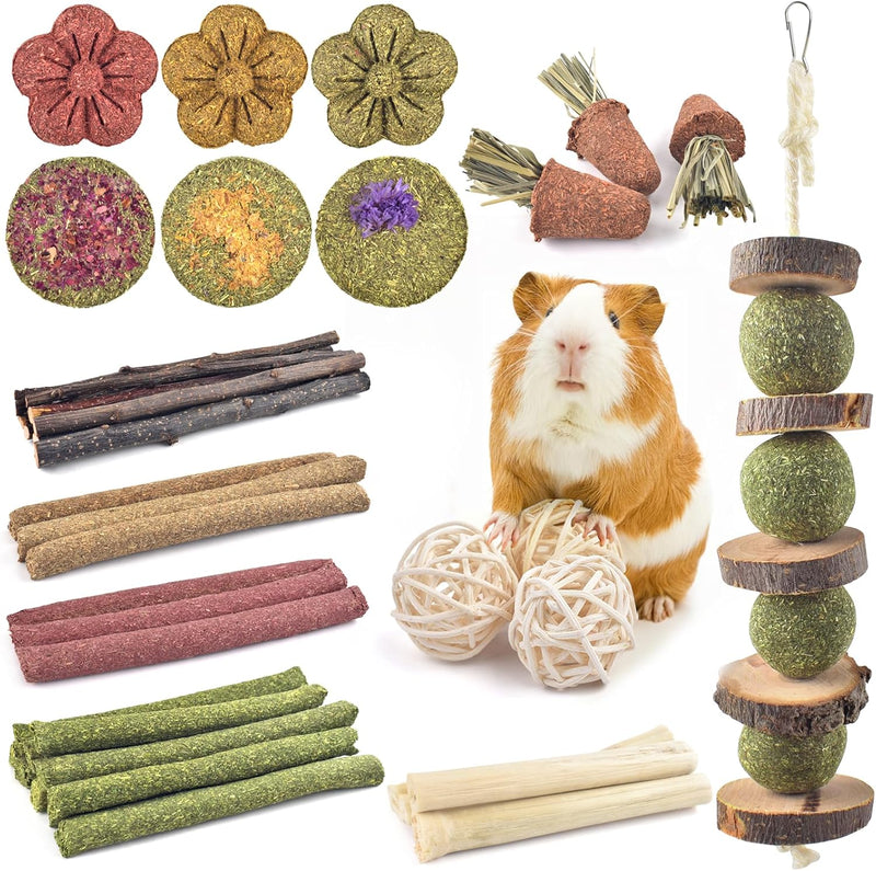ERKOON 42PCS Rabbit Chew Toys, Natural Timothy Grass Cakes Guinea Pig Toys, Small Animal Teeth Grinding Treats for Bunny