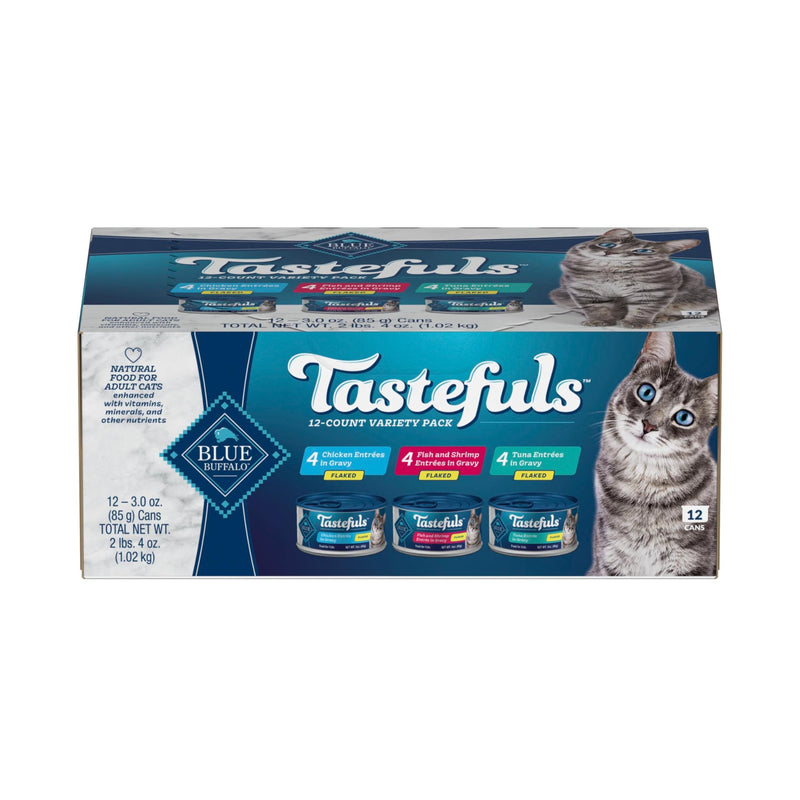 Blue Buffalo Tastefuls Flaked Adult Wet Cat Food Variety Pack (Tuna, Chicken, Fish & Shrimp), Natural Ingredients Enhanced with Vitamins, Minerals & Other Nutrients, 3-oz. Each (12 Cans)