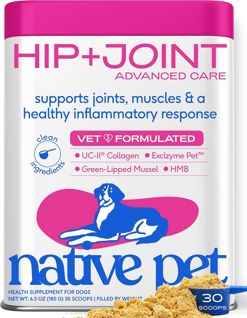 Native Pet Hip and Joint Supplement Dogs - Powder with UC-II Collagen and HMB - Senior and Large Breed Dog Joint Support - Made in USA - 30 Scoops