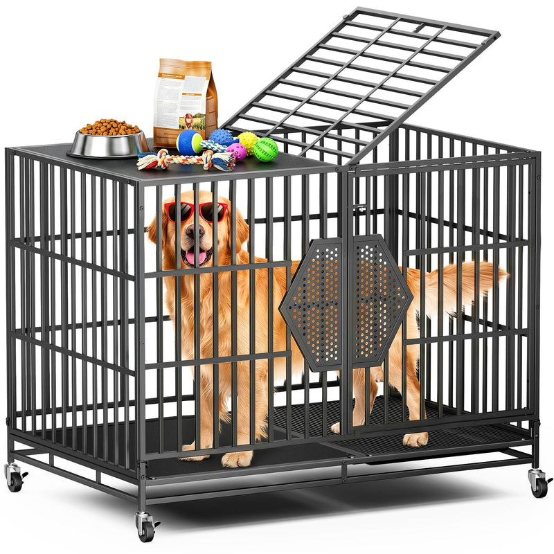 CAMMOO 48'' Heavy Duty Dog Crates for Large Dogs – Reinforced Square Tube Frame, Chew-Proof Dual Top Fences, Dog Kennel Indoor, Comfort & Easy-Clean Split Floor, Dog Cage with Extra-Wide Door